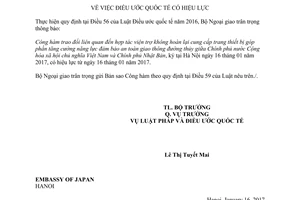 Thông báo 03/2017/TB-LPQT hiệu lực Công hàm trao đổi viện trợ không hoàn lại Việt Nam Nhật Bản