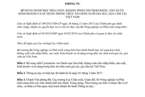 Thông tư 01/2017/TT-BNNPTNT bổ sung Danh mục hóa chất kháng sinh cấm nhập khẩu thức ăn chăn nuôi
