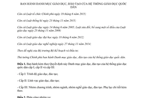 Quyết định 01/2017/QĐ-TTg Danh mục giáo dục đào tạo của hệ thống giáo dục quốc dân