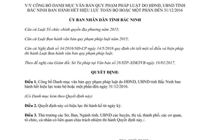 Quyết định 85/QĐ-UBND 2017 công bố Danh mục văn bản quy phạm pháp luật Bắc Ninh