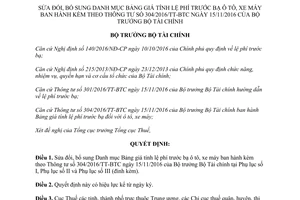 Quyết định 149/QĐ-BTC sửa đổi Danh mục Bảng giá tính lệ phí trước bạ ô tô xe máy 2017