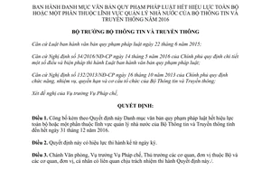 Quyết định 87/QĐ-BTTTT Danh mục văn bản quy phạm pháp luật hết hiệu lực toàn bộ một phần 2016