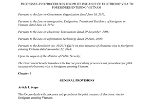 Decree 07/2017/ND-CP processes procedures pilot issuance electronic visa to foreigners entering Vietnam