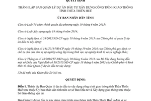 Quyết định số 190/QĐ-UBND thành lập Ban Quản lý dự án đầu tư xây dựng công trình giao thông Huế 2017