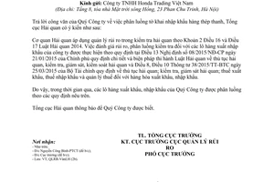 Công văn 289/TCHQ-QLRR trả lời công văn của Công ty Honda Trading Việt Nam 2017