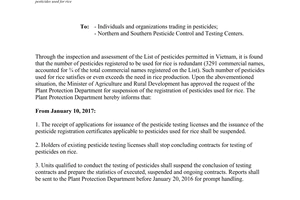 Official Dispatch 61/BVTV-QLT regarding the suspension registration of pesticides used for rice