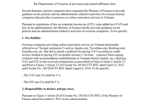 Official Dispatch 848/BTC-TCT Tax policies tax administration related activities service online reservation