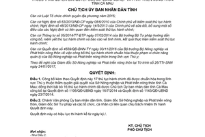 Quyết định 291/QĐ-UBND thủ tục hành chính được chuẩn hóa trong lĩnh vực Thú y Cà Mau 2017