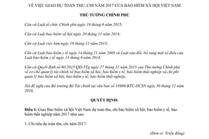 Quyết định 260/QĐ-TTg giao dự toán thu chi của Bảo hiểm xã hội Việt Nam 2017