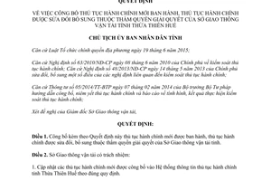 Quyết định 371/QĐ-UBND công bố thủ tục hành chính mới sửa đổi bổ sung Thừa Thiên Huế 2017