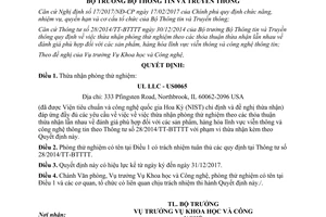Quyết định 212/QĐ-BTTTT thừa nhận phòng thử nghiệm 2017