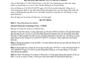 Quyết định 205/QĐ-BTTTT thừa nhận phòng thử nghiệm 2017