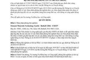 Quyết định 206/QĐ-BTTTT thừa nhận phòng thử nghiệm 2017