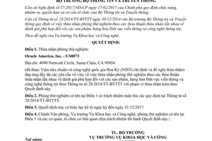 Quyết định 211/QĐ-BTTTT thừa nhận phòng thử nghiệm 2017