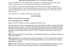 Quyết định 210/QĐ-BTTTT thừa nhận phòng thử nghiệm 2017