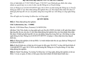 Quyết định 209/QĐ-BTTTT thừa nhận phòng thử nghiệm 2017