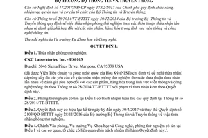 Quyết định 208/QĐ-BTTTT thừa nhận phòng thử nghiệm 2017