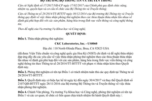 Quyết định 214/QĐ-BTTTT thừa nhận phòng thử nghiệm 2017