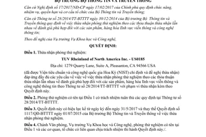 Quyết định 198/QĐ-BTTTT thừa nhận phòng thử nghiệm 2017