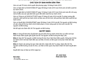 Quyết định 340/QĐ-UBND thủ tục hành chính lĩnh vực biển mới thẩm quyền Sở Tài nguyên Bạc Liêu 2017