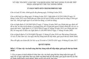 Quyết định 05/2017/QĐ-UBND tổ chức làm việc buổi sáng thứ bảy giải quyết thủ tục hành chính Hà Nội