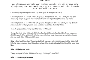 Thông tư 01/2017/TT-NHNN Danh mục máy móc thiết bị bộ phận phụ tùng nhập khẩu phục vụ in đúc tiền