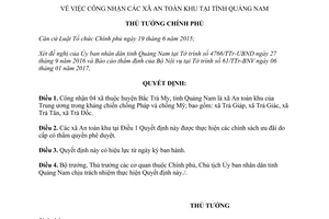 Quyết định 164/QĐ-TTg công nhận xã an toàn khu tại tỉnh Quảng Nam 2017