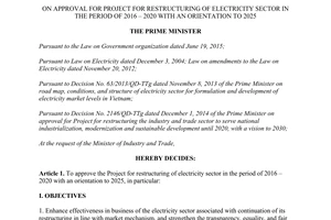 Decision 168/QD-TTg approval project for restructuring of electricity sector 2016 2020 2015