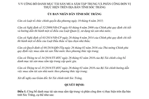 Quyết định 210/QĐ-UBND danh mục tài sản mua sắm tập trung phân công đơn vị thực hiện Sóc Trăng 2017