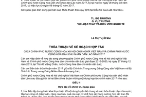 Thông báo 12/2017/TB-LPQT hiệu lực Thỏa thuận Kế hoạch hợp tác Việt Nam Lào