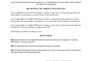 Quyết định 45/QĐ-UBDT kế hoạch hoạt động thực hiện nhiệm vụ công tác Văn phòng Ủy ban Dân tộc 2017