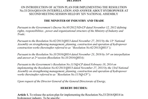 Decision 396/QD-BCT action plan implementing 33/2016/QH14 hydropower