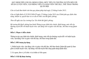 Thông tư 34/2017/TT-BQP tiêu chuẩn định lượng mức tiền ăn huấn luyện viên giáo viên thể dục