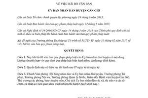 Quyết định 102/QĐ-UBND bãi bỏ văn bản quy phạm pháp luật Ủy ban huyện Cần Giờ Hồ Chí Minh 2017