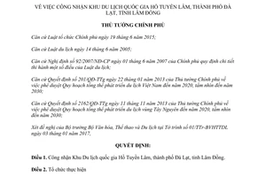 Quyết định 205/QĐ-TTg công nhận Khu Du lịch quốc gia Hồ Tuyền Lâm Lâm Đồng 2017