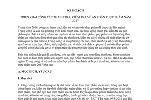Kế hoạch 160/KH-BCĐTƯVSATTP triển khai công tác thanh tra kiểm tra an toàn thực phẩm 2017