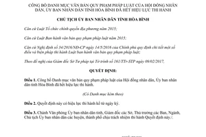 Quyết định 214/QĐ-UBND Danh mục văn bản quy phạm pháp luật đã hết hiệu lực Hòa Bình 2017