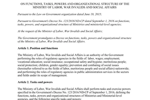 Decree 14/2017/ND-CP functions tasks organizational structure Ministry Labor War Invalids Social Affairs