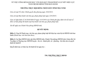 Quyết định 40/QĐ-HĐND công bố Danh mục văn bản quy phạm pháp luật hết hiệu lực toàn bộ Trà Vinh 2017