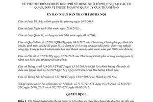 Quyết định 1215/QĐ-UBND thí điểm khoán kinh phí sử dụng xe ô tô phục vụ tại cơ quan đơn vị Hà Nội 2017