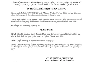 Quyết định 53/QĐ-UBDT công bố Danh mục văn bản quy phạm pháp luật hết hiệu lực toàn bộ 2017