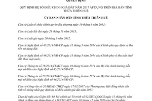 Quyết định 10/2017/QĐ-UBND hệ số điều chỉnh giá đất Huế