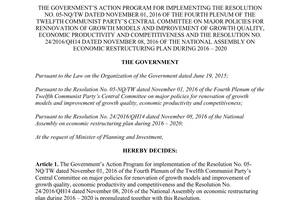 Resolution 27/NQ-CP 2017 Action Program 05-NQ/TW rennovation growth models growth quality