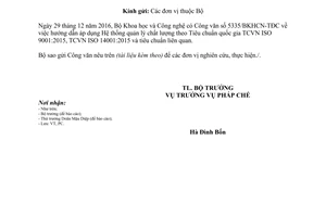 Công văn 312/LĐTBXH-PC áp dụng Hệ thống quản lý chất lượng theo Tiêu chuẩn TCVN ISO 2017