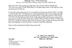 Công văn 857/TCHQ-QLRR trả lời 01/THVN-CQLRR về phân luồng tờ khai 2017