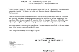 Công văn 1453/BCT-KV2 quy định mới về chứng từ nhập khẩu hàng hóa vào Turkmenistan 2017