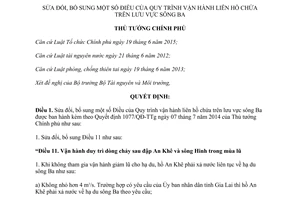 Quyết định 282/QĐ-TTg sửa đổi Quy trình vận hành liên hồ chứa trên lưu vực sông Ba 2017