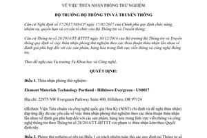 Quyết định 231/QĐ-BTTTT thừa nhận phòng thử nghiệm 2017