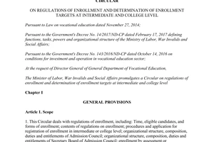 Circular 05/2017/TT-BLDTBXH enrollment determination enrollment targets intermediate college level
