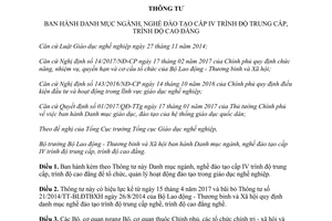 Thông tư 04/2017/TT-BLĐTBXH Danh mục ngành nghề đào tạo cấp IV trình độ trung cấp trình độ cao đẳng
